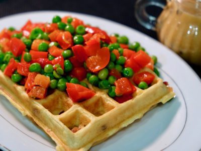 chinese-sausage-waffles-pea-red-pepper-salad-lap-xuong