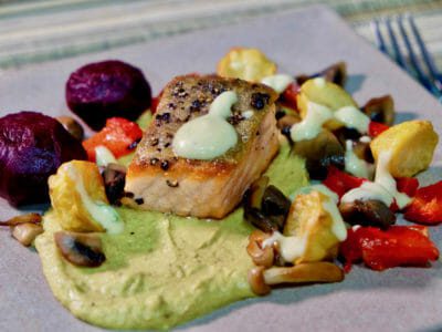 green-pea-hummus-roasted-baby-beetroot-crispy-skin-salmon-warm-vegetable-salad