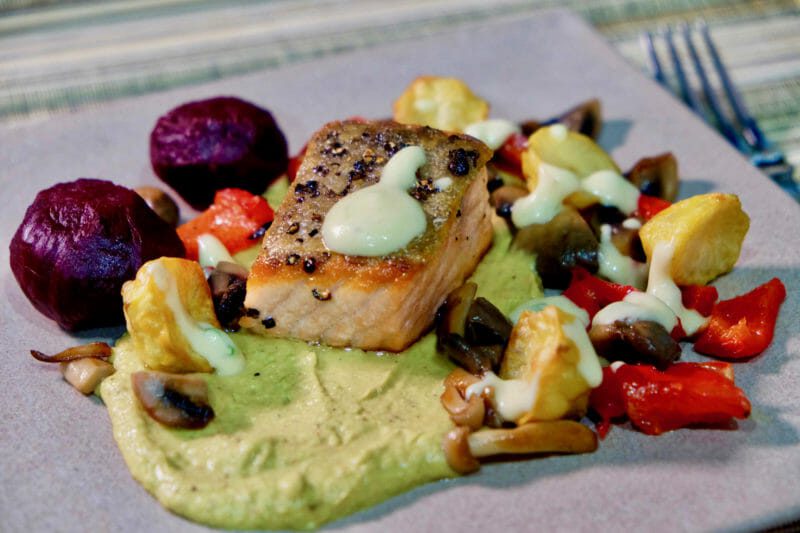 green-pea-hummus-roasted-baby-beetroot-crispy-skin-salmon-warm-vegetable-salad