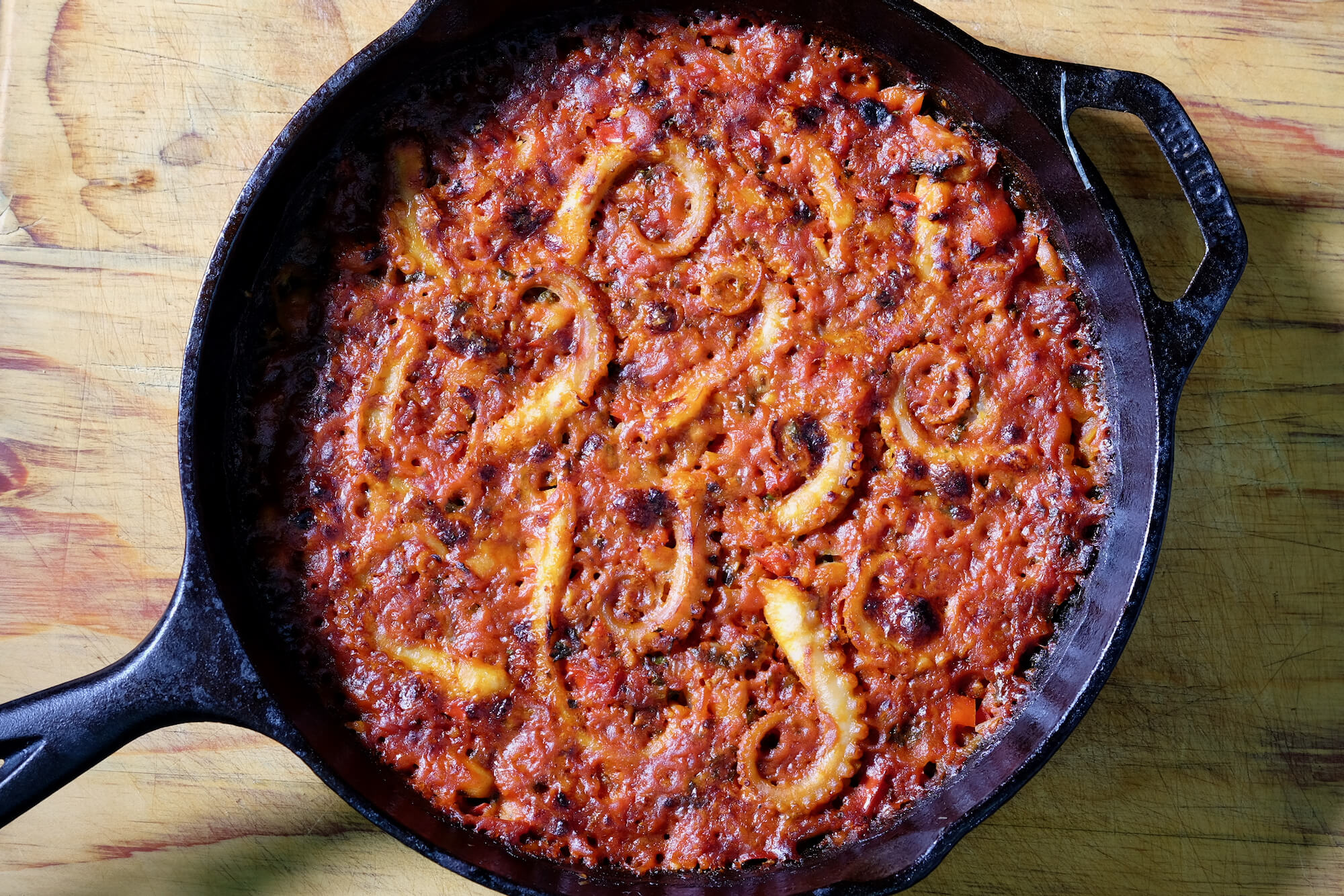 Grilled octopus on baked beans delectabilia