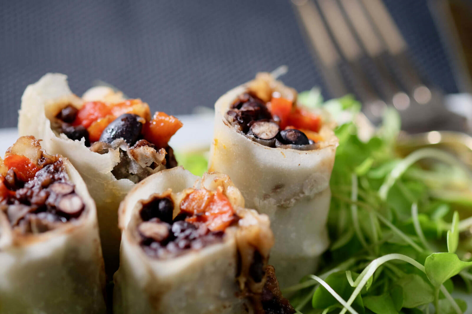 Black rice, black garlic, and black bean tortilla delectabilia