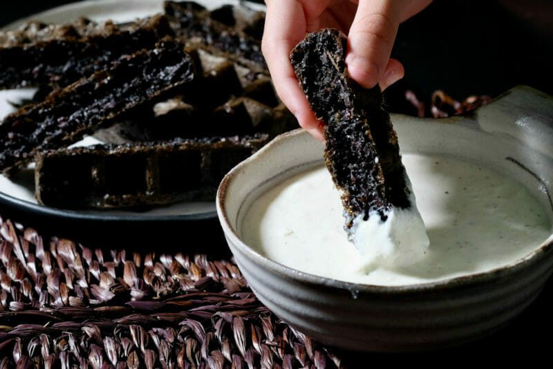 black-rice-waffles-whipped-feta-dip