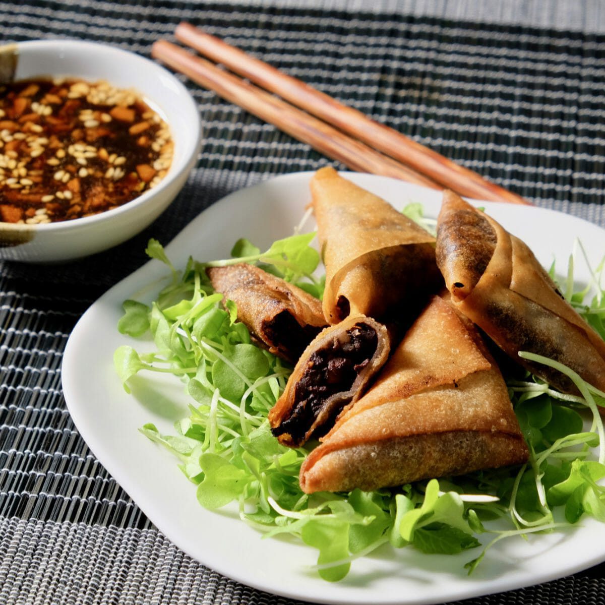 Black pudding and apple parcels. Ginger garlic dipping sauce