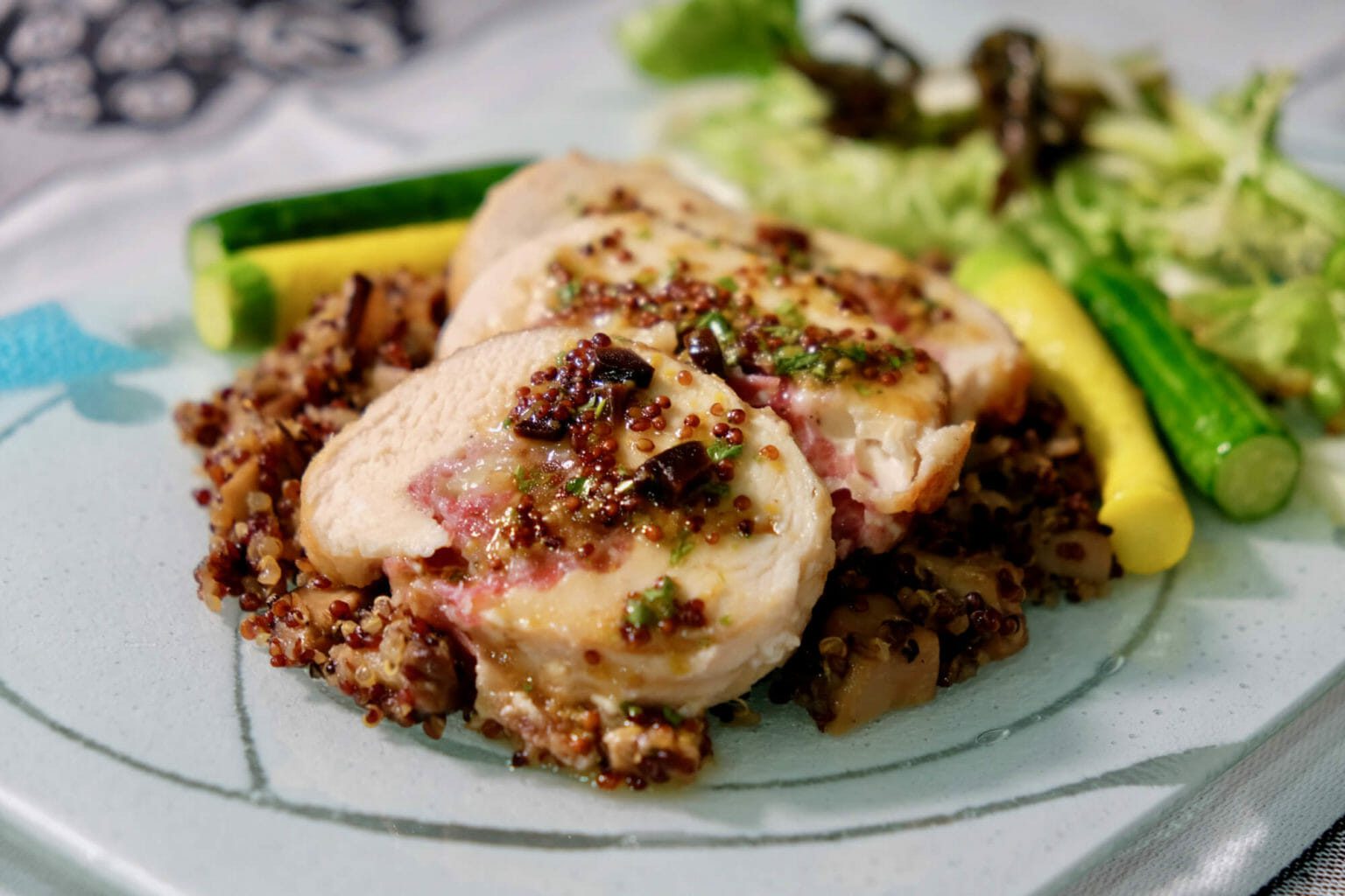 Chicken with dried apricots and brie stuffing. Mustard maple sauce delectabilia
