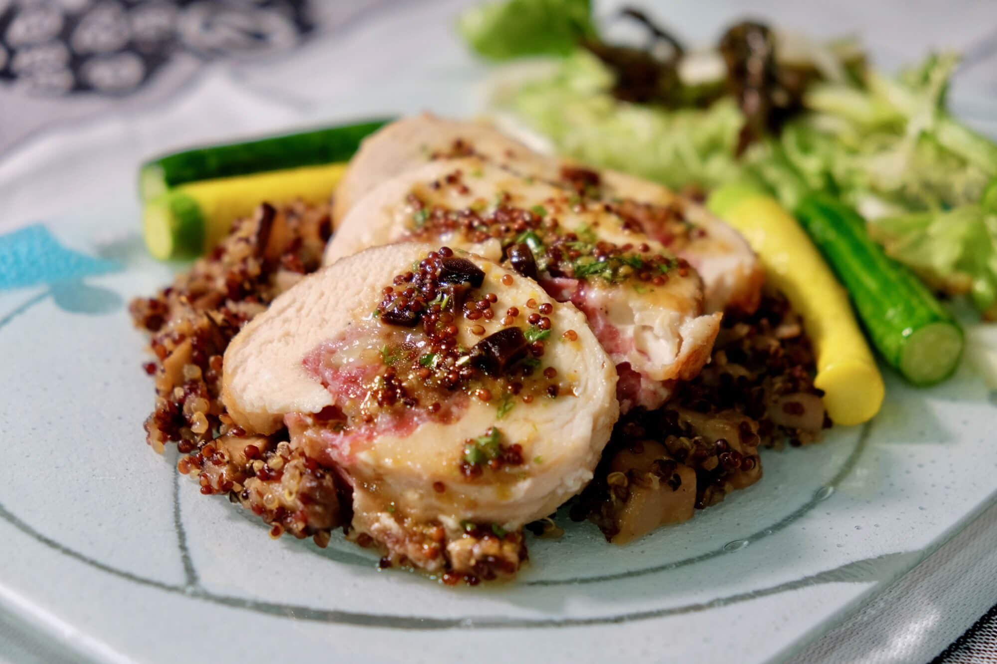Chicken with dried apricots and brie stuffing. Mustard maple sauce delectabilia