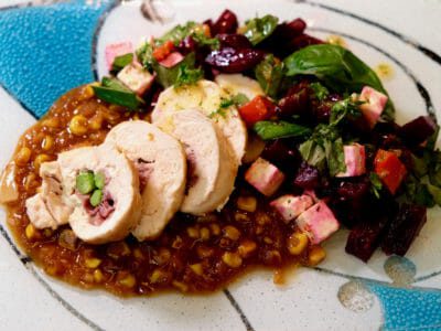 pancetta-stuffed-chicken-breast-veggie-gravy-beetroot-salad