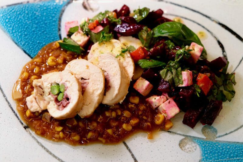 pancetta-stuffed-chicken-breast-veggie-gravy-beetroot-salad