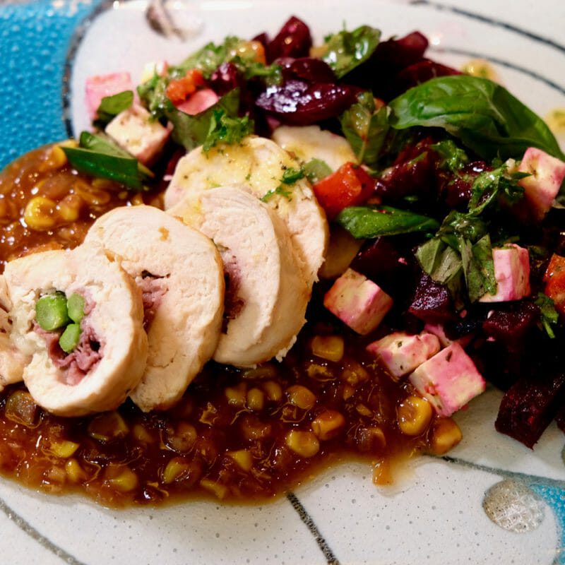 Asparagus and pancetta stuffed chicken breast. Veggie gravy delectabilia