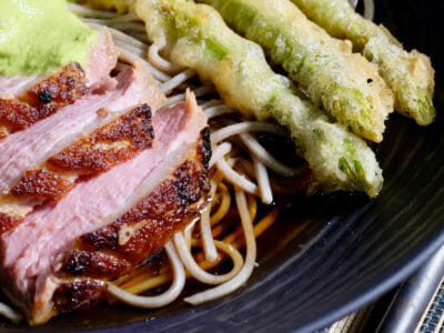 kamo-nanban-crispy-skin-duck-asparagus-tempura-soba-noodles