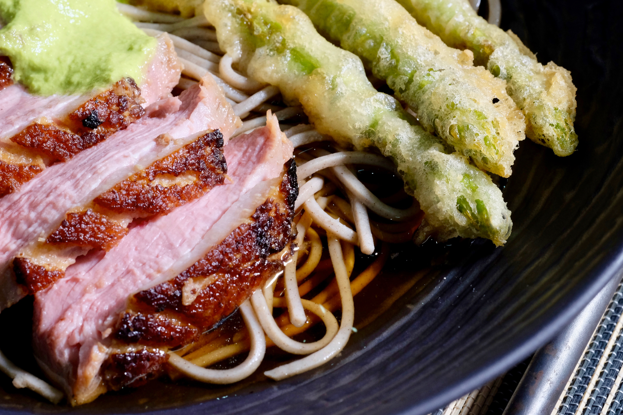 nanban soba with duck breast and asparagus tempura - delectabilia