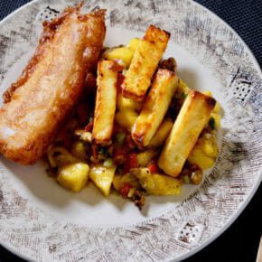 beer-battered-fish-halloumi-chips-mango-walnut-salad