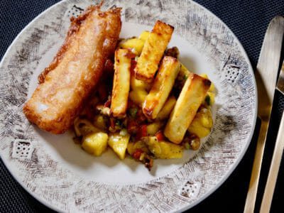 beer-battered-fish-halloumi-chips-mango-walnut-salad