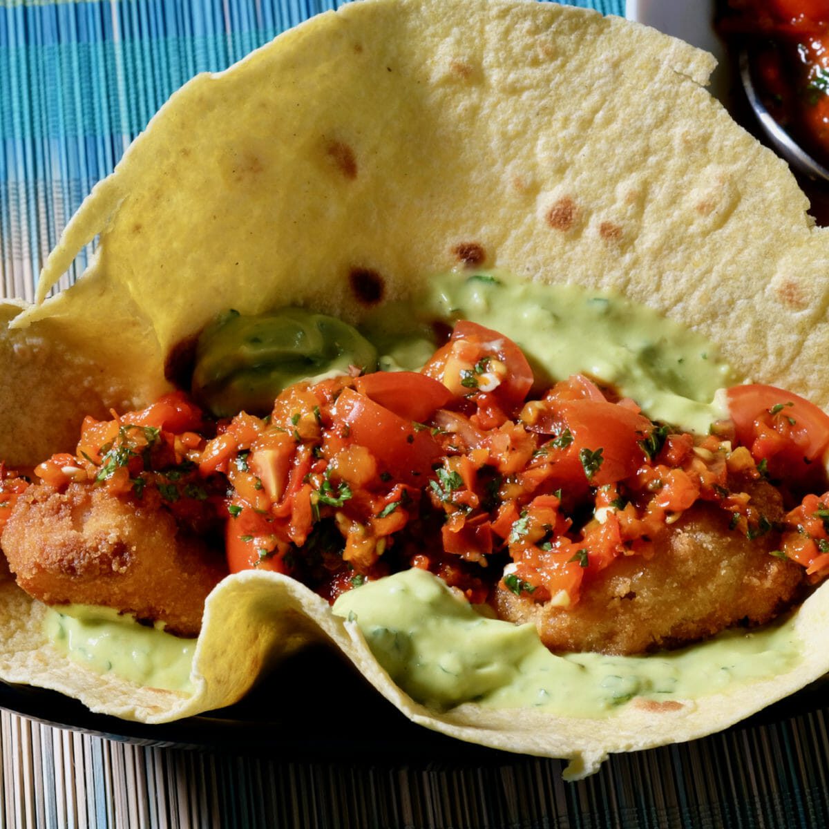 Panko Fish Tacos with Roasted Red Pepper Salsa and Avocado delectabilia