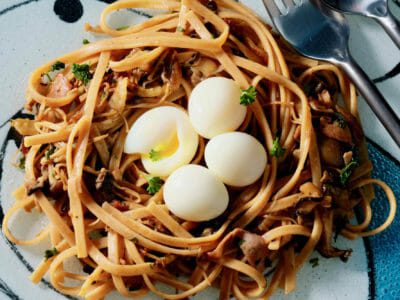 mushroom-and-pancetta-pasta-quail-eggs-recipe