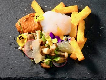 pickled-mushroom-salad-polenta-chips-romesco