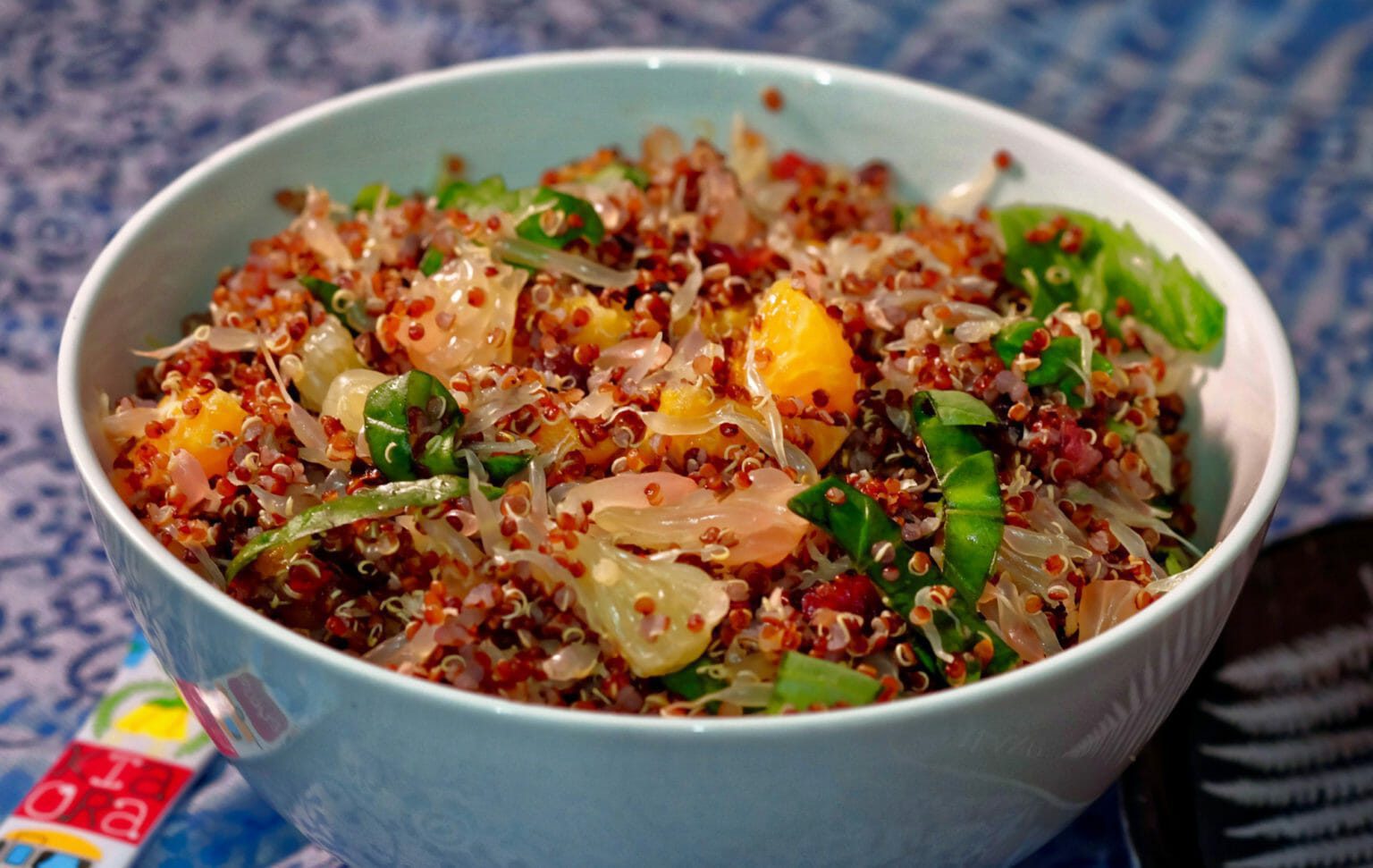 Red quinoa citrus salad with cacao nibs delectabilia