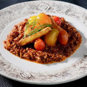 pickled-cherry-tomatoes-baked-halloumi-on-red-quinoa-risotto