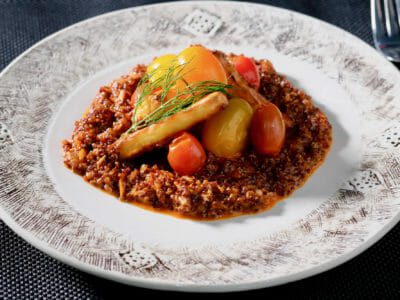 pickled-cherry-tomatoes-baked-halloumi-on-red-quinoa-risotto