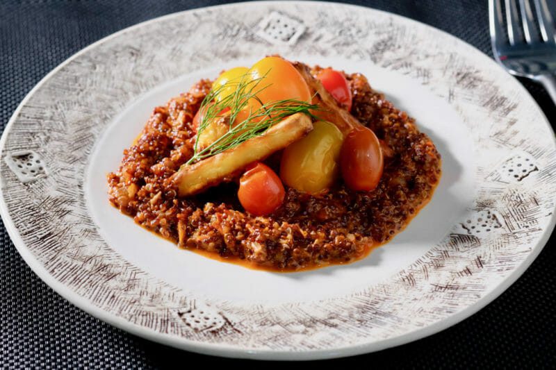 pickled-cherry-tomatoes-baked-halloumi-on-red-quinoa-risotto