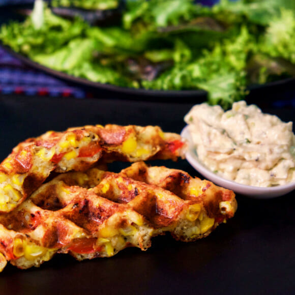 Roasted red pepper and corn waffles. Parmesan sour cream dip delectabilia