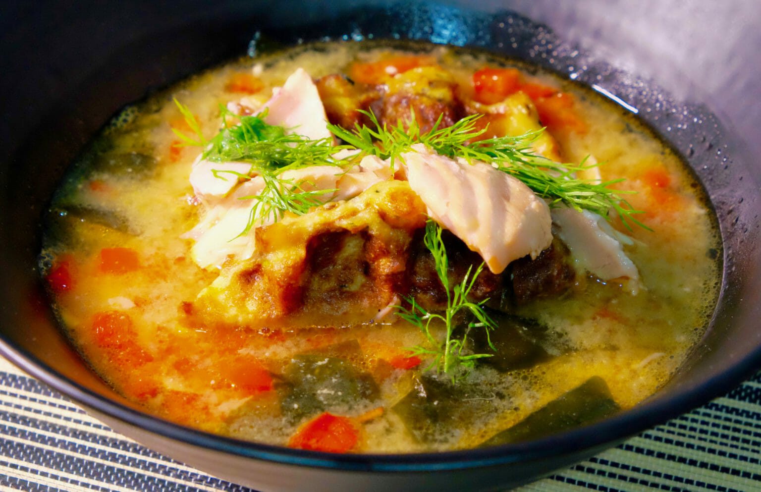 Salmon miso soup. Carrot and daikon waffles. delectabilia