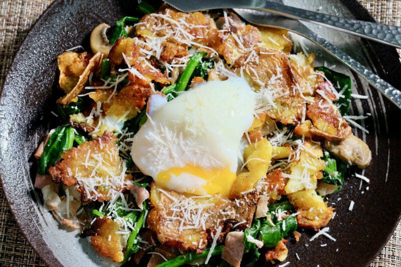 crispy-smashed-potatoes-wilted-spinach-poached-egg