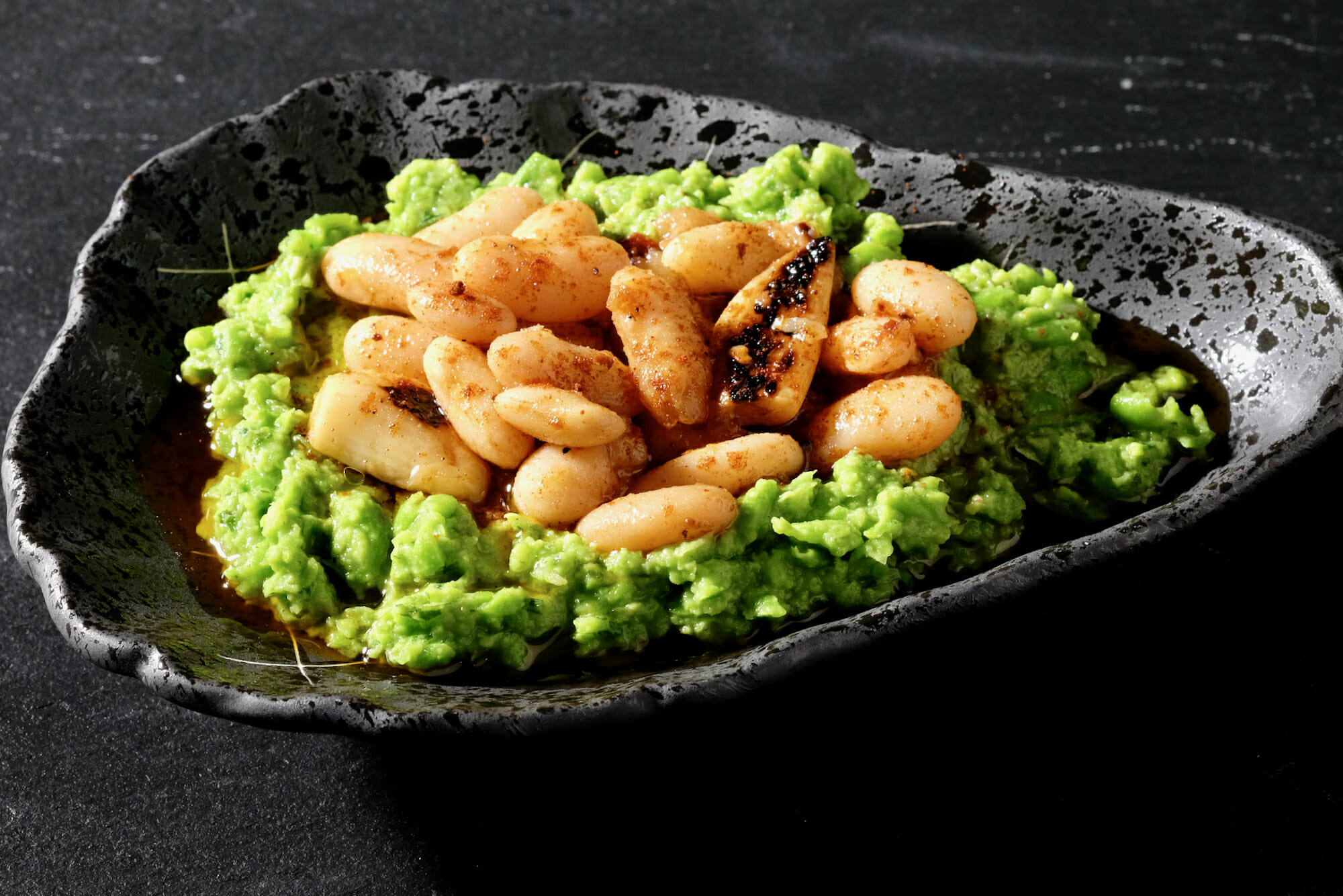 Smoky Marinated White Beans on a Pea and Herb Mash delectabilia