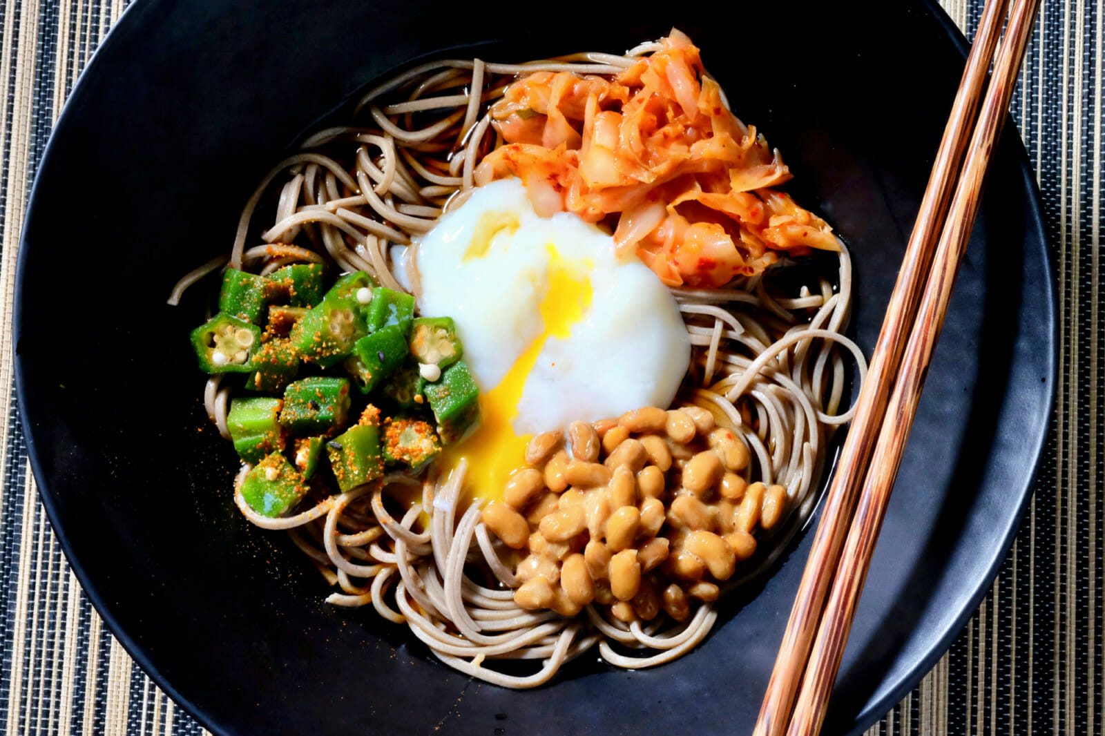 Cold soba noodle salad with natto, kimchi, okra, and egg delectabilia