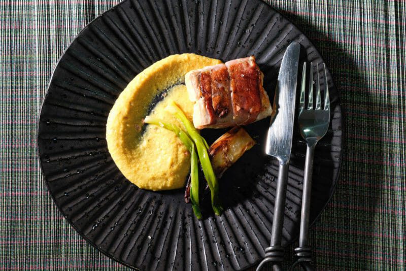 speck-wrapped-salmon-charred-corn-puree-braised-endive