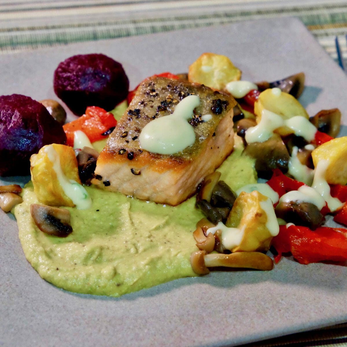 Green pea hummus with crispy skin salmon and roasted baby beets ...