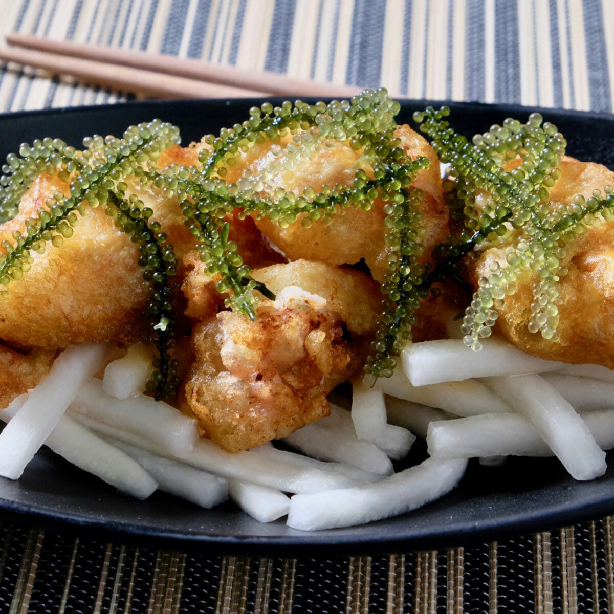 Tempura Mussels on Vietnamese Pickled Daikon. Soy Mustard Drizzle