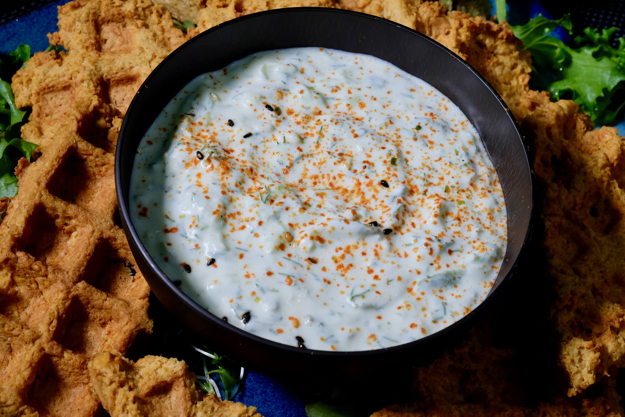 Tzatziki dip with chickpea waffles delectabilia