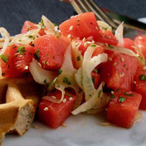 watermelon-fennel-salad-buckwheat-ricotta-waffle