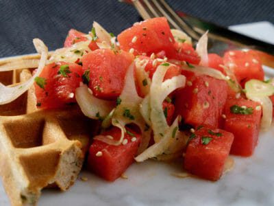 watermelon-fennel-salad-buckwheat-ricotta-waffle