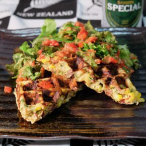 zucchini-corn-waffles-roasted-red-pepper-dressing