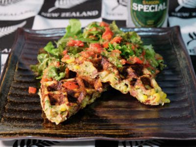 zucchini-corn-waffles-roasted-red-pepper-dressing