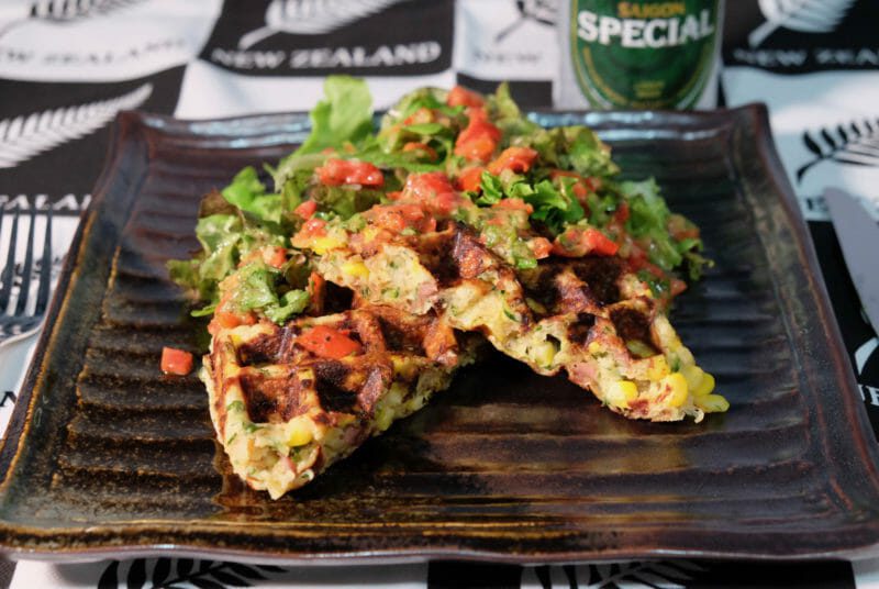 zucchini-corn-waffles-roasted-red-pepper-dressing